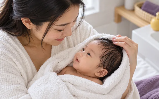 Mãe observando de cima a cabeça do bebê sentado no colo, depois do banho