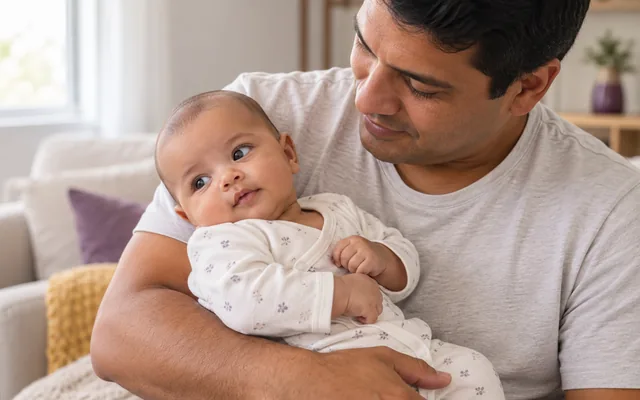 Bebê no colo com a cabeça inclinada para um ombro