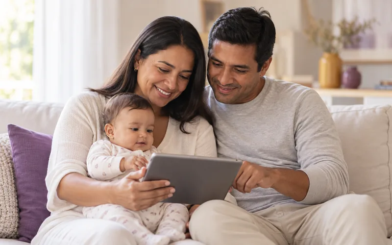 Mãe e pai lendo sobre tratamentos com o bebê no colo